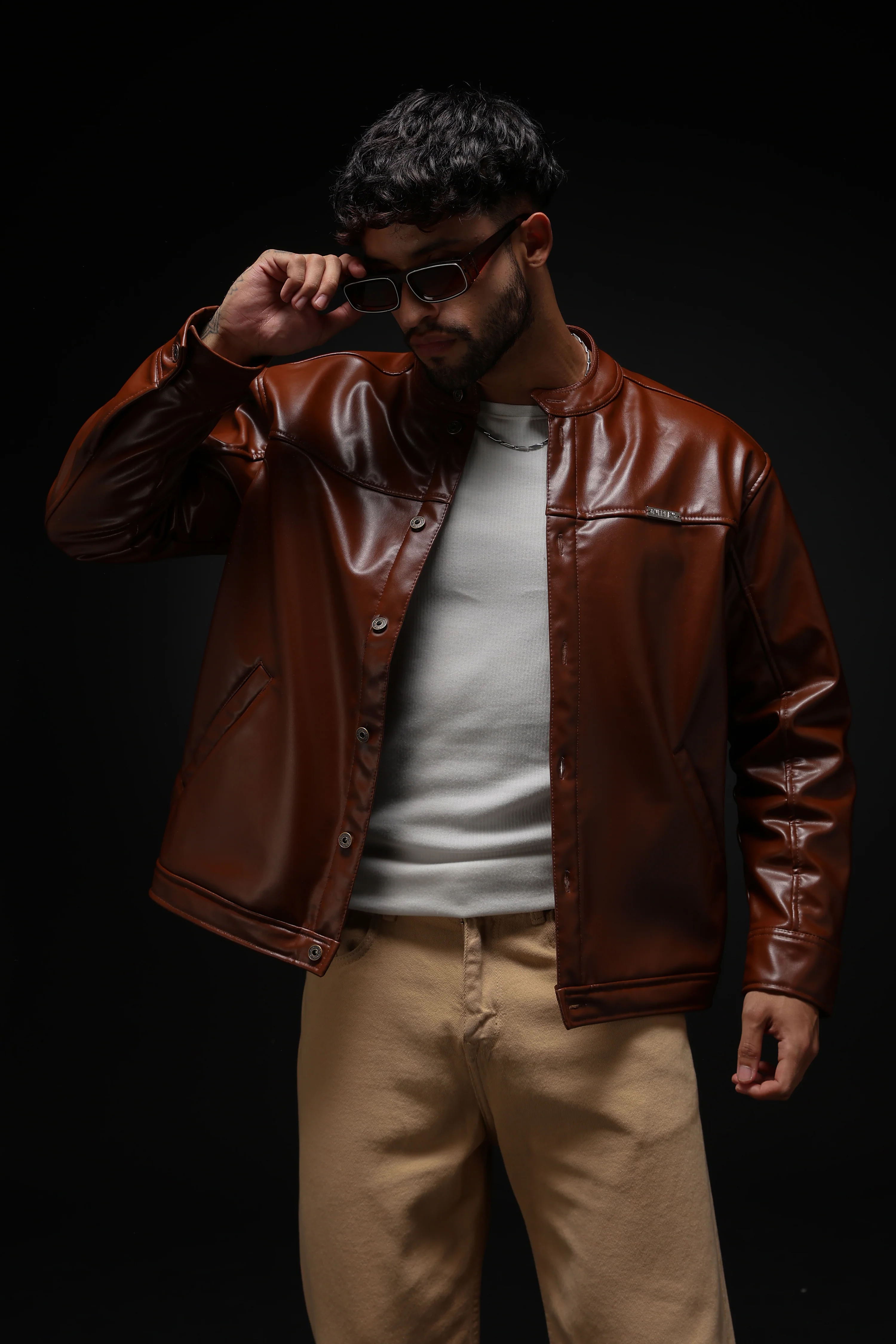 TAN MILER FAUX LEATHER JACKET - Image 8